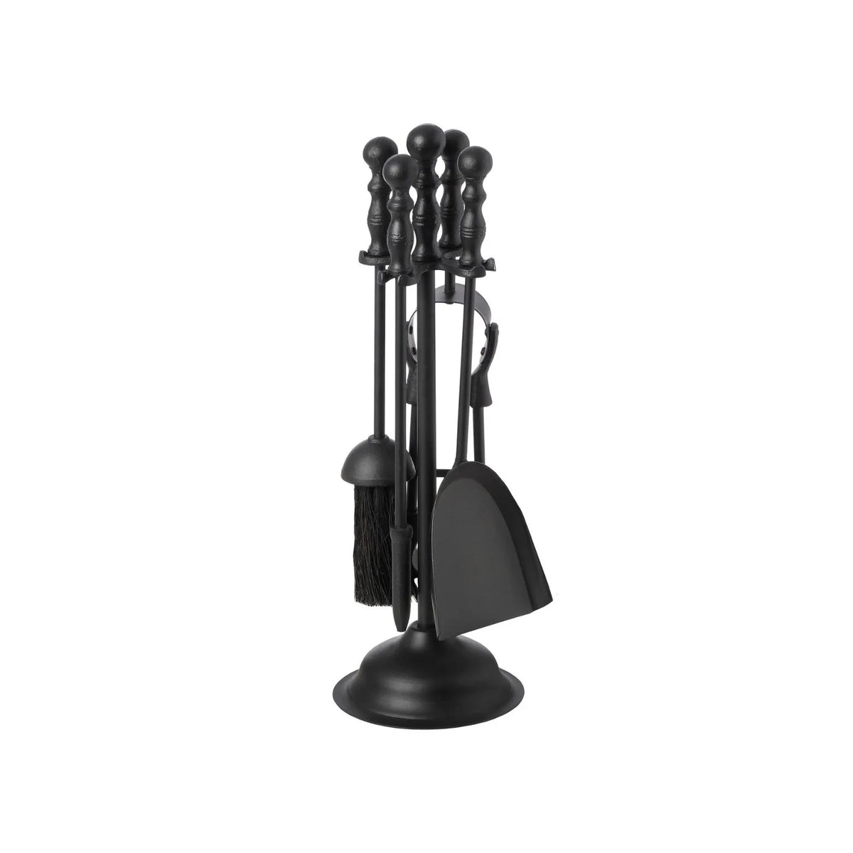 Black Fireside Companion Set with Duchess Handles – 4 Steel Fireplace Tools & Stand 41x12x12cm – Front angled view showing brush shovel poker and tongs | Click Style
