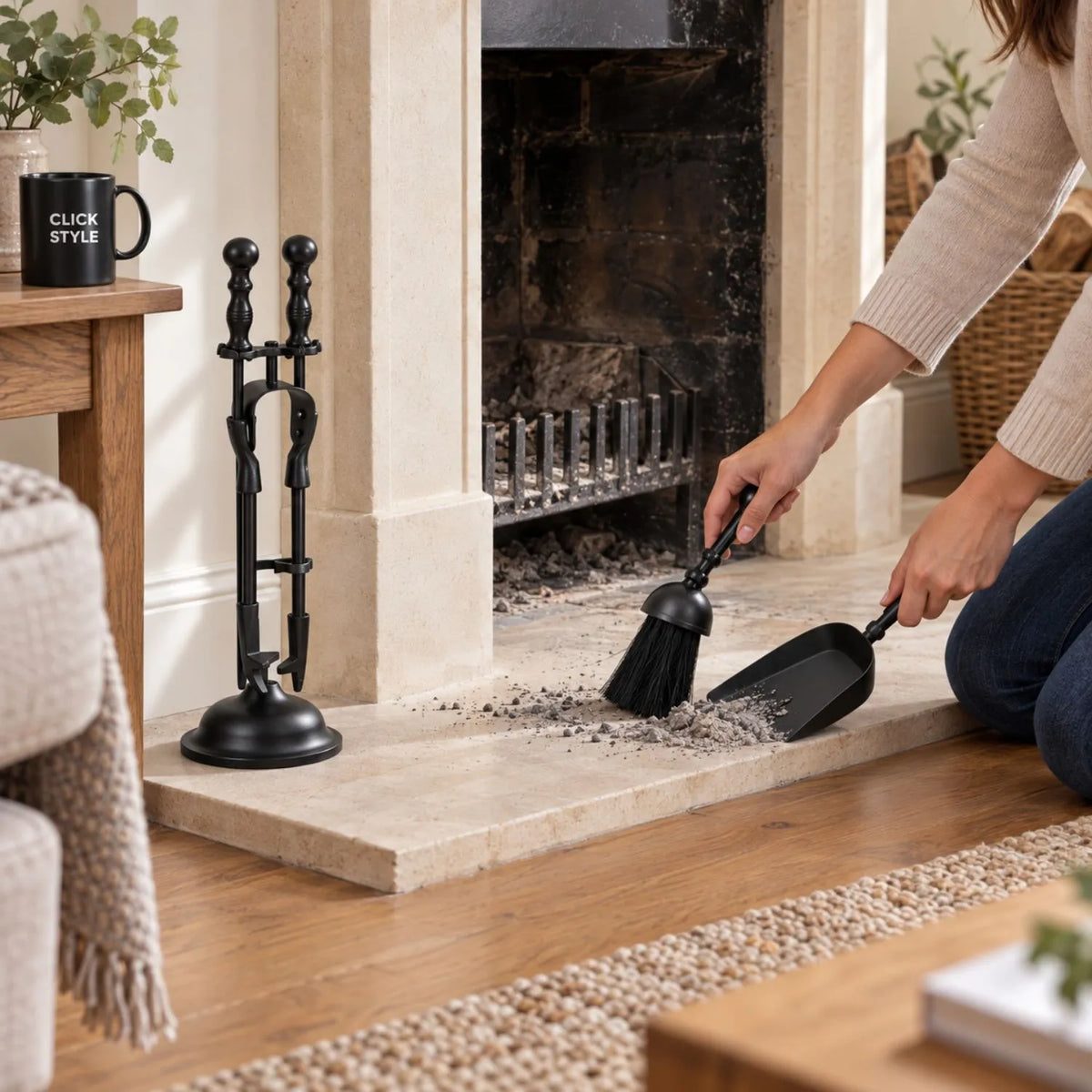 Black Fireside Companion Set with Duchess Handles – 4 Steel Fireplace Tools & Stand 41x12x12cm with brush and shovel in use cleaning hearth | Click Style