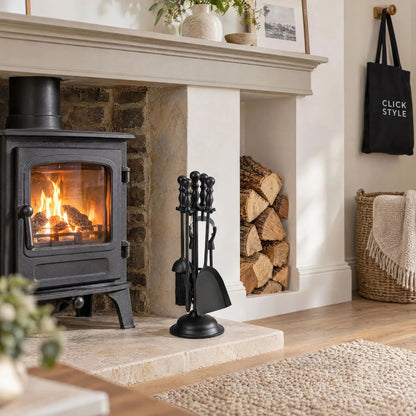 Black Fireside Companion Set with Duchess Handles – 4 Steel Fireplace Tools & Stand 41x12x12cm beside wood burning stove | Click Style