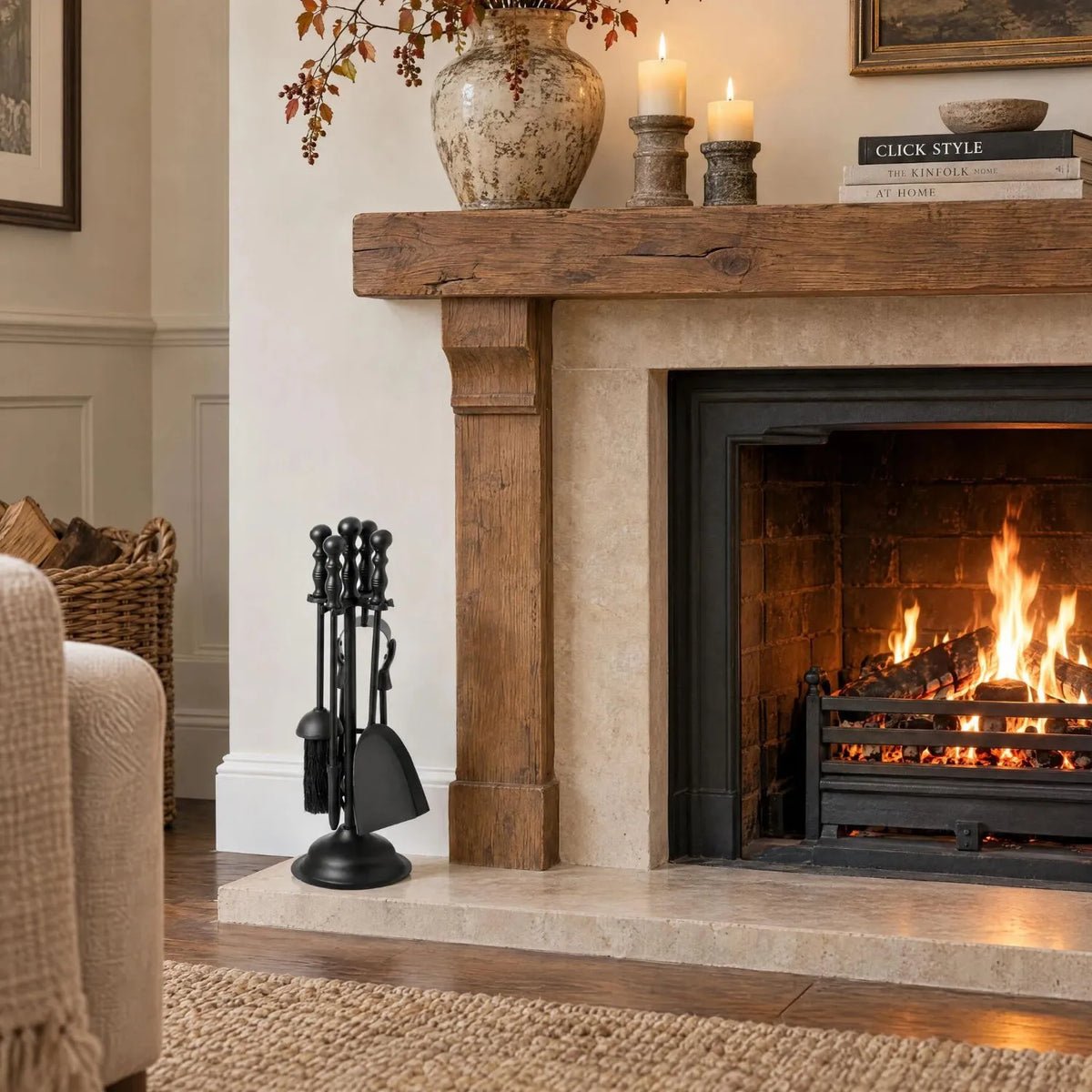 Black Fireside Companion Set with Duchess Handles – 4 Steel Fireplace Tools & Stand 41x12x12cm beside traditional timber fireplace | Click Style