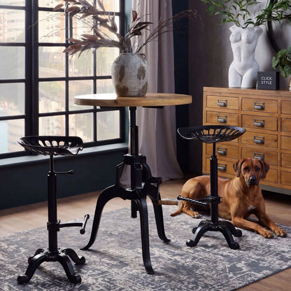 Black Industrial Style Heavy Duty Metal Adjustable Bar Table with Round Wood Top & Crank Handle with matching tractor seat stools styled with dog 108x70x70cm | Click Style