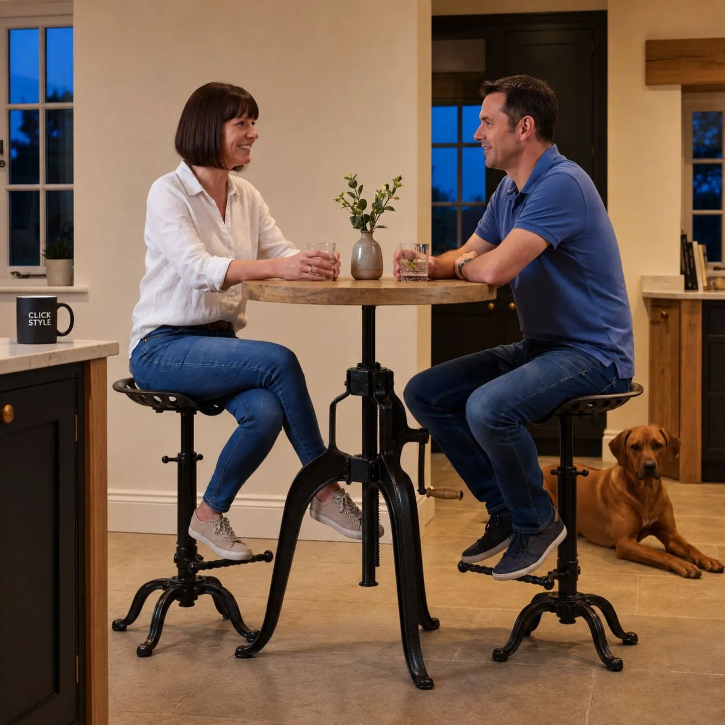 Black Industrial Style Heavy Duty Metal Adjustable Bar Table with Matching Tractor Seat Bar Stools with Man Woman and Rhodesian Ridgeback | Click Style