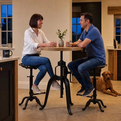 Black Industrial Style Heavy Duty Metal Adjustable Bar Table with Matching Tractor Seat Bar Stools with Man Woman and Rhodesian Ridgeback | Click Style
