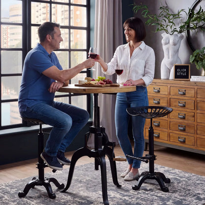 Black Industrial Style Heavy Duty Metal Adjustable Bar Table with Round Wood Top & Crank Handle with matching tractor seat stools styled with couple 108x70x70cm | Click Style