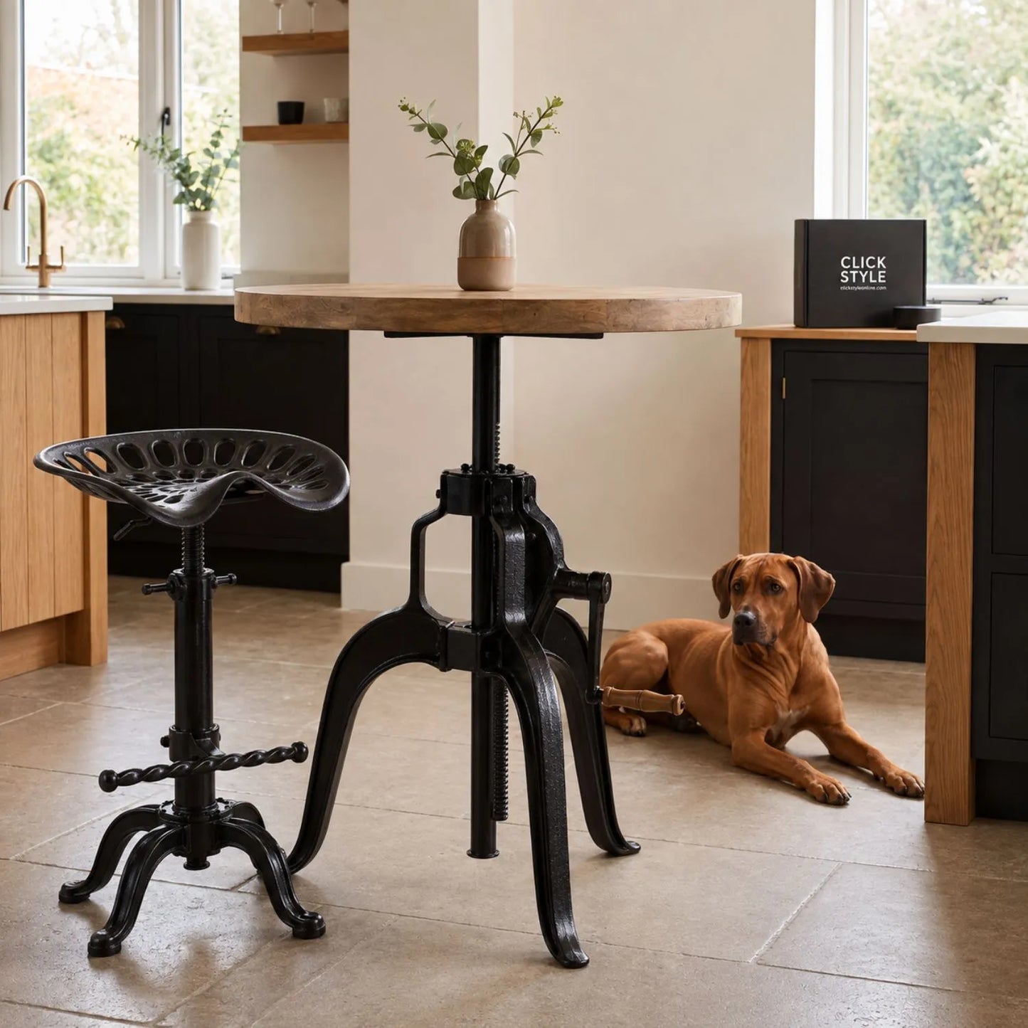 Black Industrial Style Heavy Duty Metal Adjustable Bar Table with Matching Tractor Seat Bar Stool and Rhodesian Ridgeback in Modern Kitchen | Click Style