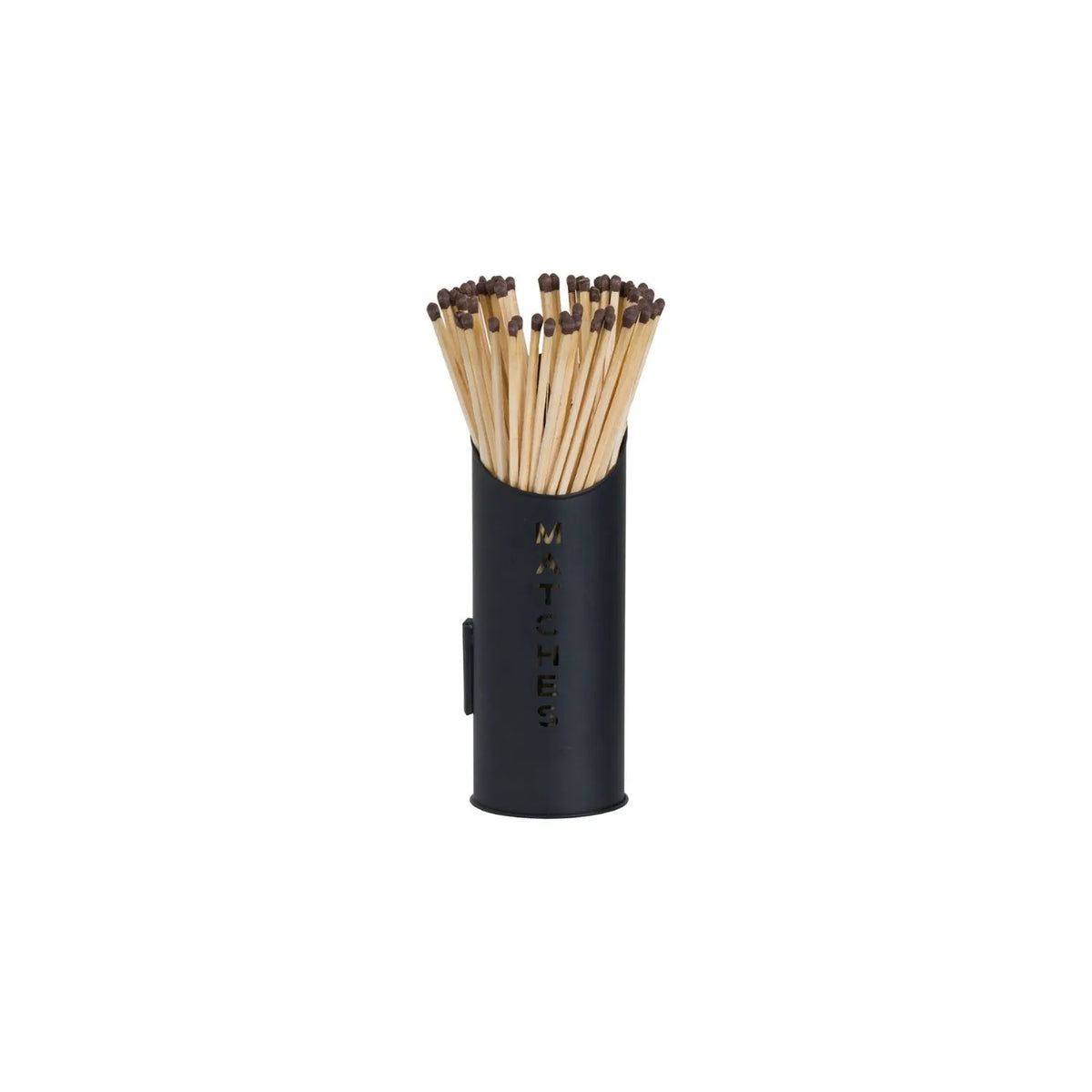 Black Log & Kindling Buckets with Matchstick Holder – 3 Piece Metal Fireside Set with Cut-Out Lettering – MATCHES Holder with Long Matches | Click Style