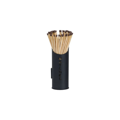 Black Log & Kindling Buckets with Matchstick Holder – 3 Piece Metal Fireside Set with Cut-Out Lettering – MATCHES Holder with Long Matches | Click Style