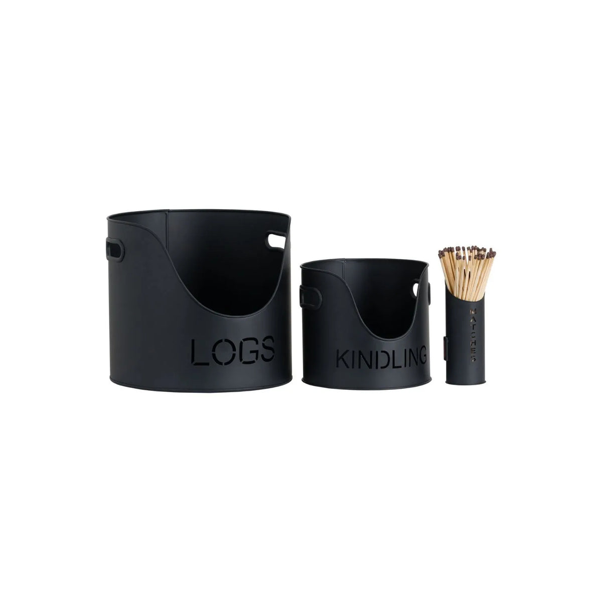 Black Log & Kindling Buckets with Matchstick Holder – 3 Piece Metal Fireside Set with Cut-Out Lettering | Click Style