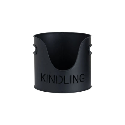Black Log & Kindling Buckets with Matchstick Holder – 3 Piece Metal Fireside Set with Cut-Out Lettering – KINDLING Bucket | Click Style