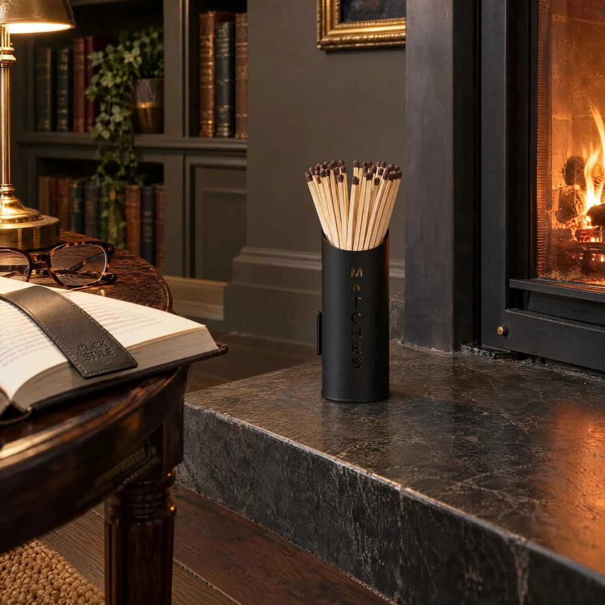 Black Log & Kindling Buckets with Matchstick Holder – 3 Piece Metal Fireside Set with Cut-Out Lettering – MATCHES Holder with Long Fireside Matches Beside Fireplace | Click Style