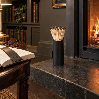 Black Log & Kindling Buckets with Matchstick Holder – 3 Piece Metal Fireside Set with Cut-Out Lettering – MATCHES Holder with Long Fireside Matches Beside Fireplace | Click Style