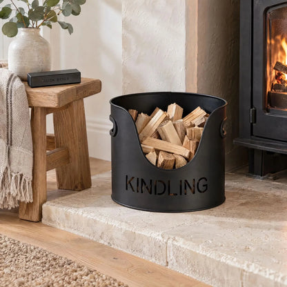 Black Log & Kindling Buckets with Matchstick Holder – 3 Piece Metal Fireside Set with Cut-Out Lettering – KINDLING Bucket with Split Kindling Beside Wood-Burning Stove | Click Style