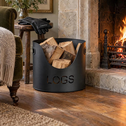 Black Log & Kindling Buckets with Matchstick Holder – 3 Piece Metal Fireside Set with Cut-Out Lettering – LOGS Bucket with Firewood Beside Stone Fireplace | Click Style