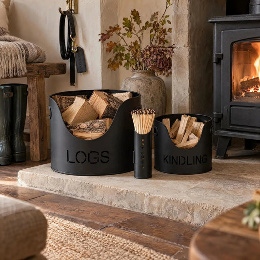 Black Log & Kindling Buckets with Matchstick Holder – 3 Piece Metal Fireside Set with Cut-Out Lettering – Complete Set Styled Beside Fireplace | Click Style