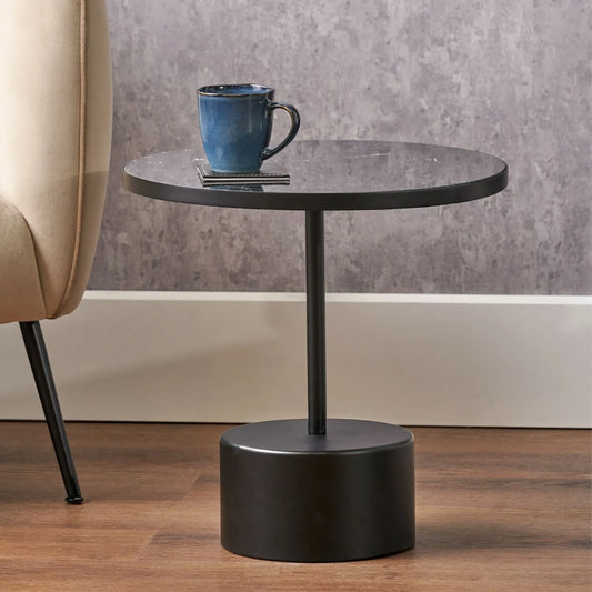 Black Marble Round Side Table with Cylindrical Matt Black Metal Base – Modern Accent Table 46x45x45cm - Click Style