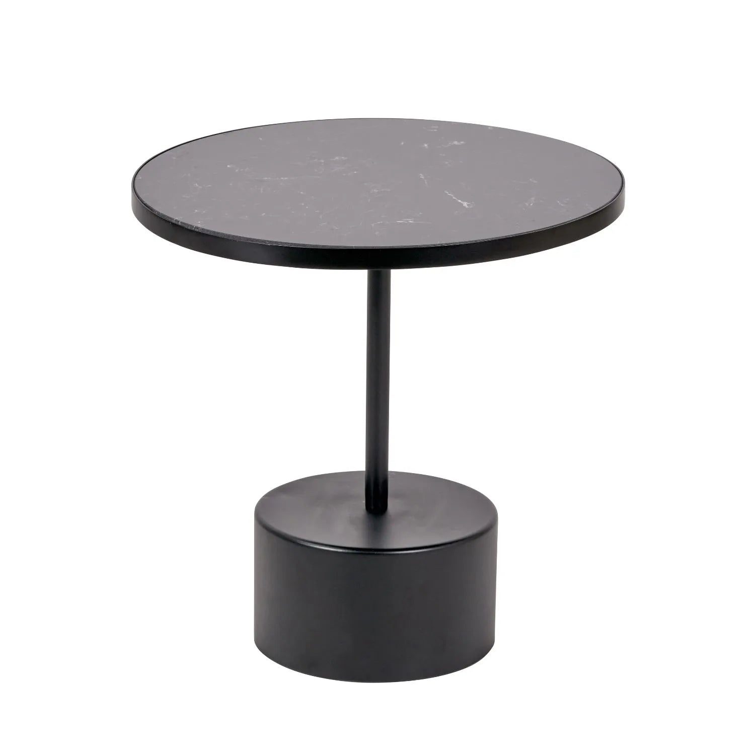 Black Marble Round Side Table with Cylindrical Matt Black Metal Base – Modern Accent Table 46x45x45cm - Click Style