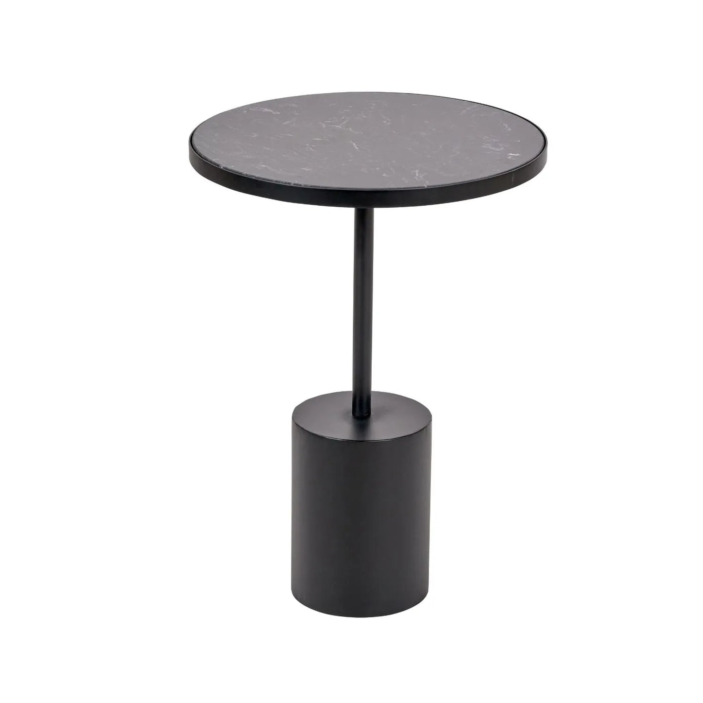 Black Marble Round Side Table with Cylindrical Matt Black Metal Base – Modern Accent Table 55x40x40cm - Click Style