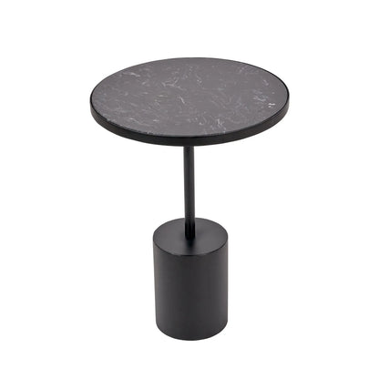 Black Marble Round Side Table with Cylindrical Matt Black Metal Base – Modern Accent Table 55x40x40cm - Click Style