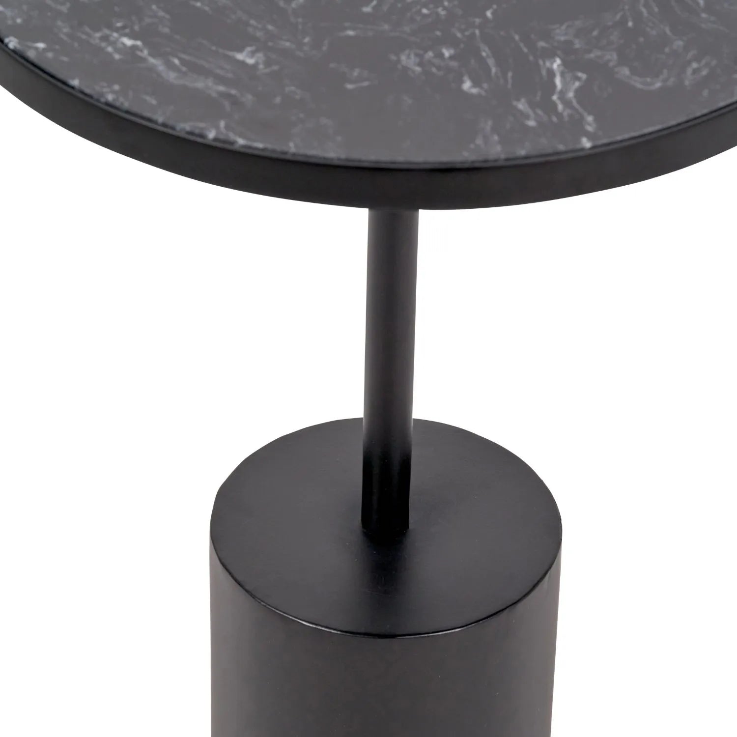 Black Marble Round Side Table with Cylindrical Matt Black Metal Base – Modern Accent Table 55x40x40cm - Click Style