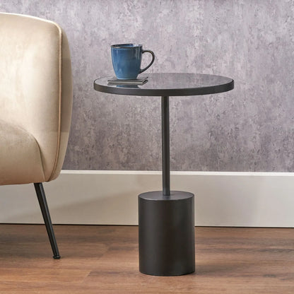 Black Marble Round Side Table with Cylindrical Matt Black Metal Base – Modern Accent Table 55x40x40cm - Click Style