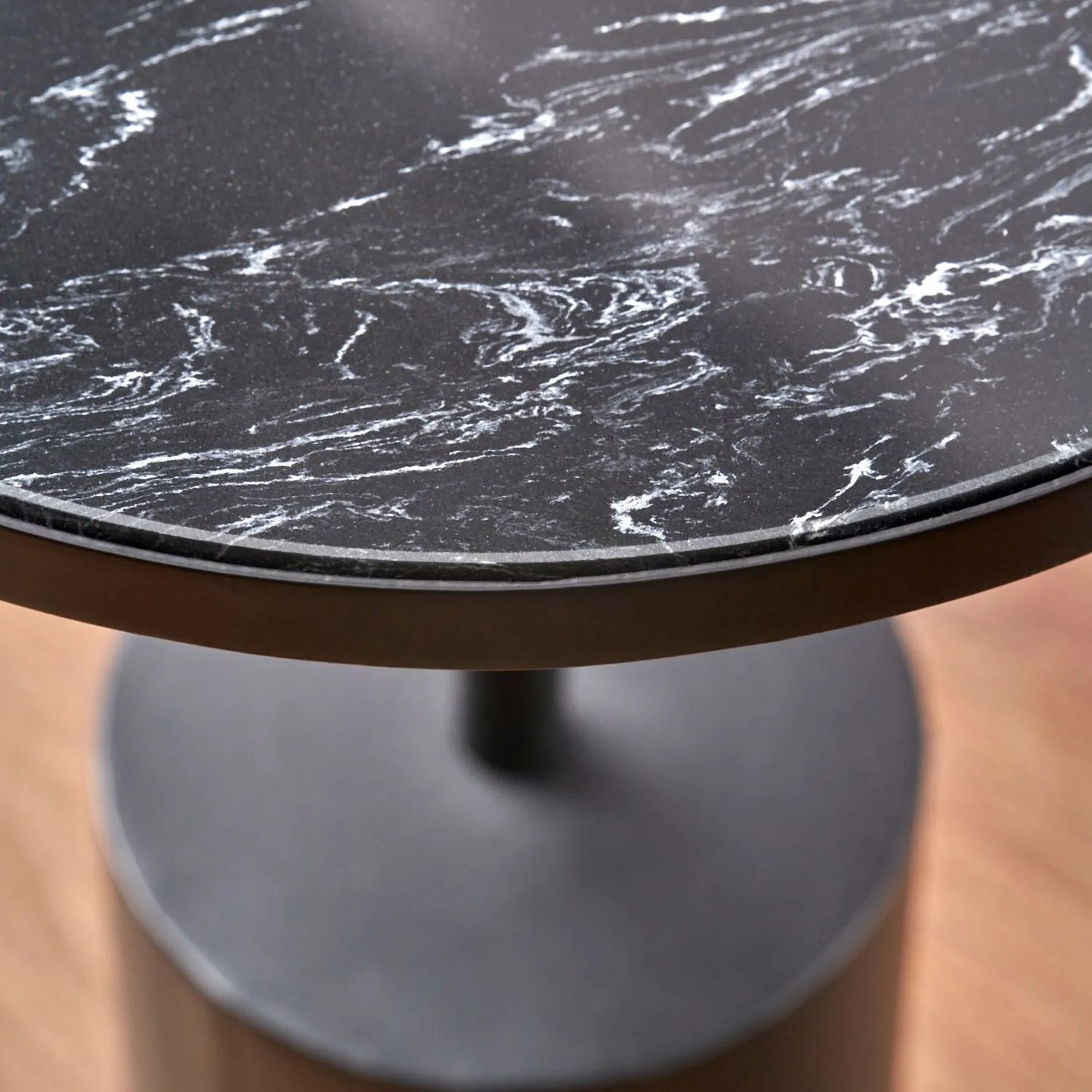 Black Marble Round Side Table with Cylindrical Matt Black Metal Base – Modern Accent Table 55x40x40cm - Click Style