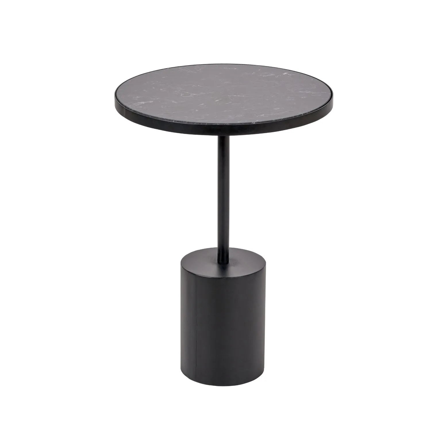 Black Marble Round Side Table with Cylindrical Matt Black Metal Base – Modern Accent Table 55x40x40cm - Click Style