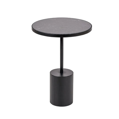 Black Marble Round Side Table with Cylindrical Matt Black Metal Base – Modern Accent Table 55x40x40cm - Click Style