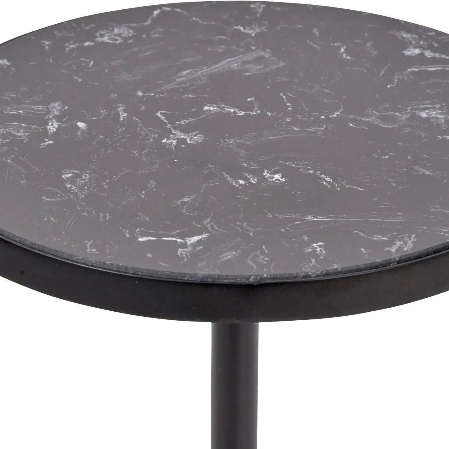 Black Marble Round Side Table with Cylindrical Matt Black Metal Base – Modern Accent Table 60x30x30cm - Click Style