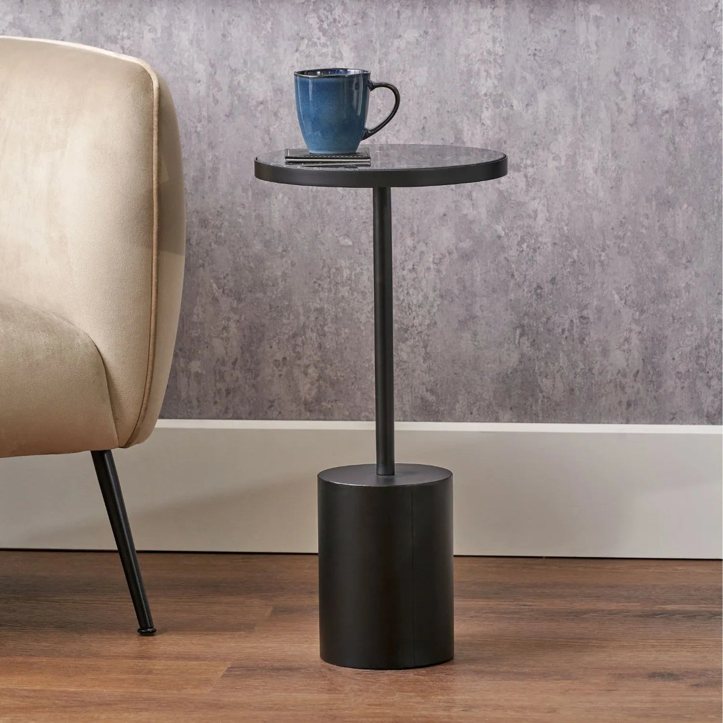 Black Marble Round Side Table with Cylindrical Matt Black Metal Base – Modern Accent Table 60x30x30cm - Click Style