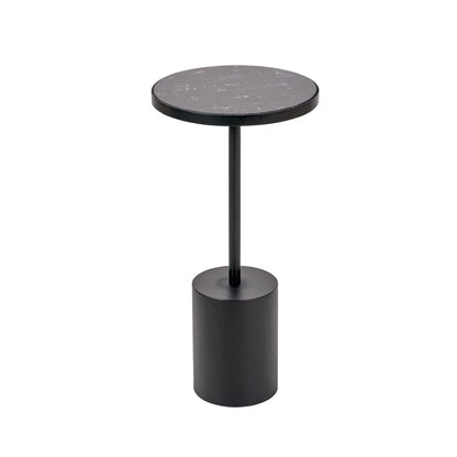 Black Marble Round Side Table with Cylindrical Matt Black Metal Base – Modern Accent Table 60x30x30cm - Click Style