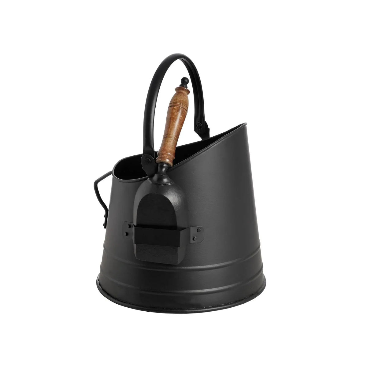 Black Metal Coal Bucket with Teak-Handled Shovel – Traditional Steel Fireplace Coal Scuttle Set 28x25x22cm – Teak-Handled Shovel Stored in Side Holder | Click Style