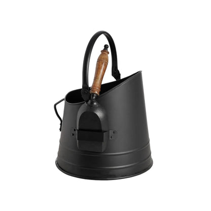 Black Metal Coal Bucket with Teak-Handled Shovel – Traditional Steel Fireplace Coal Scuttle Set 28x25x22cm – Teak-Handled Shovel Stored in Side Holder | Click Style