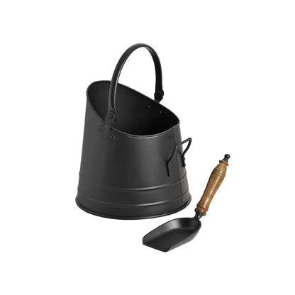 Black Metal Coal Bucket with Teak-Handled Shovel – Traditional Steel Fireplace Coal Scuttle Set 28x25x22cm – Coal Bucket with Separate Shovel | Click Style