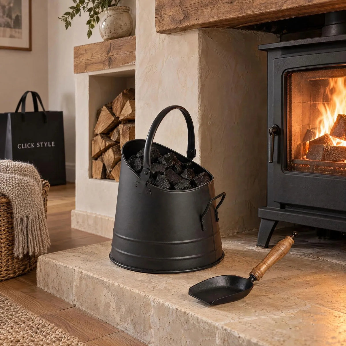 Black Metal Coal Bucket with Teak-Handled Shovel – Traditional Steel Fireplace Coal Scuttle Set 28x25x22cm with Separate Shovel beside Wood Burning Stove | Click Style