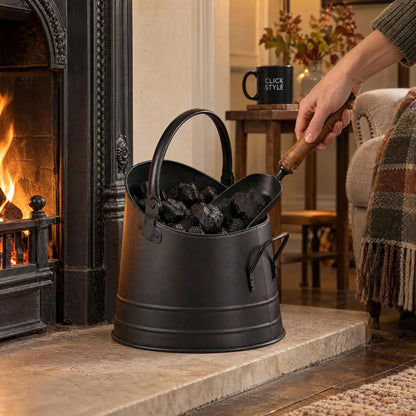Black Metal Coal Bucket with Teak-Handled Shovel – Traditional Steel Fireplace Coal Scuttle Set 28x25x22cm with Teak-Handled Shovel in Use beside Open Fireplace | Click Style