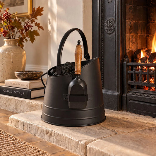Black Metal Coal Bucket with Teak-Handled Shovel – Traditional Steel Fireplace Coal Scuttle Set 28x25x22cm with Shovel Stored on Front beside Open Fireplace | Click Style