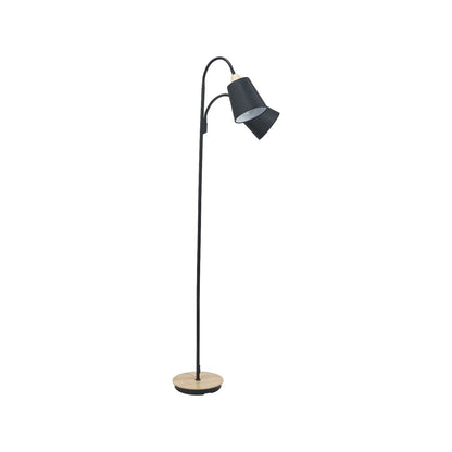 Black metal floor lamp with twin adjustable tapered linen shades and natural wood and metal base – modern double head standing light 160x56x24cm | Click Style