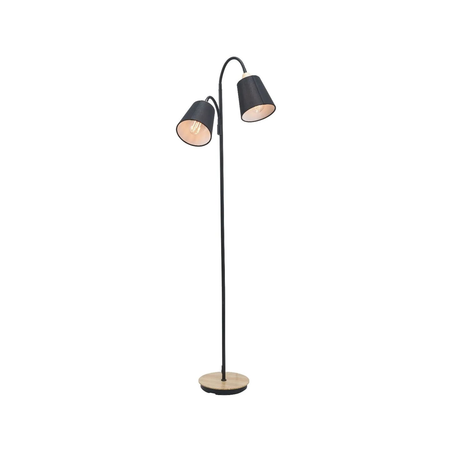 Black metal floor lamp with twin adjustable tapered linen shades and natural wood and metal base – modern double head standing light 160x56x24cm | Click Style