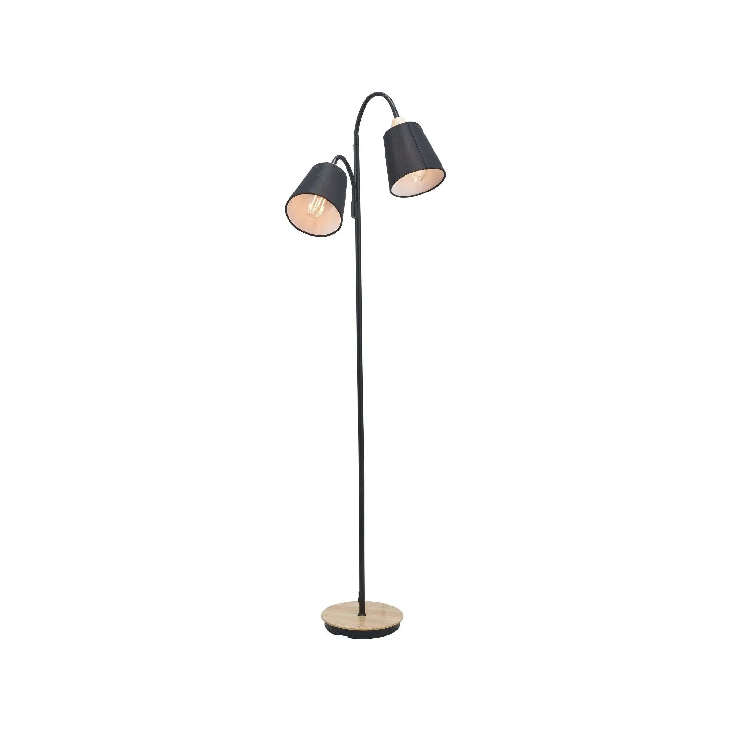 Black metal floor lamp with twin adjustable tapered linen shades and natural wood and metal base – modern double head standing light 160x56x24cm | Click Style