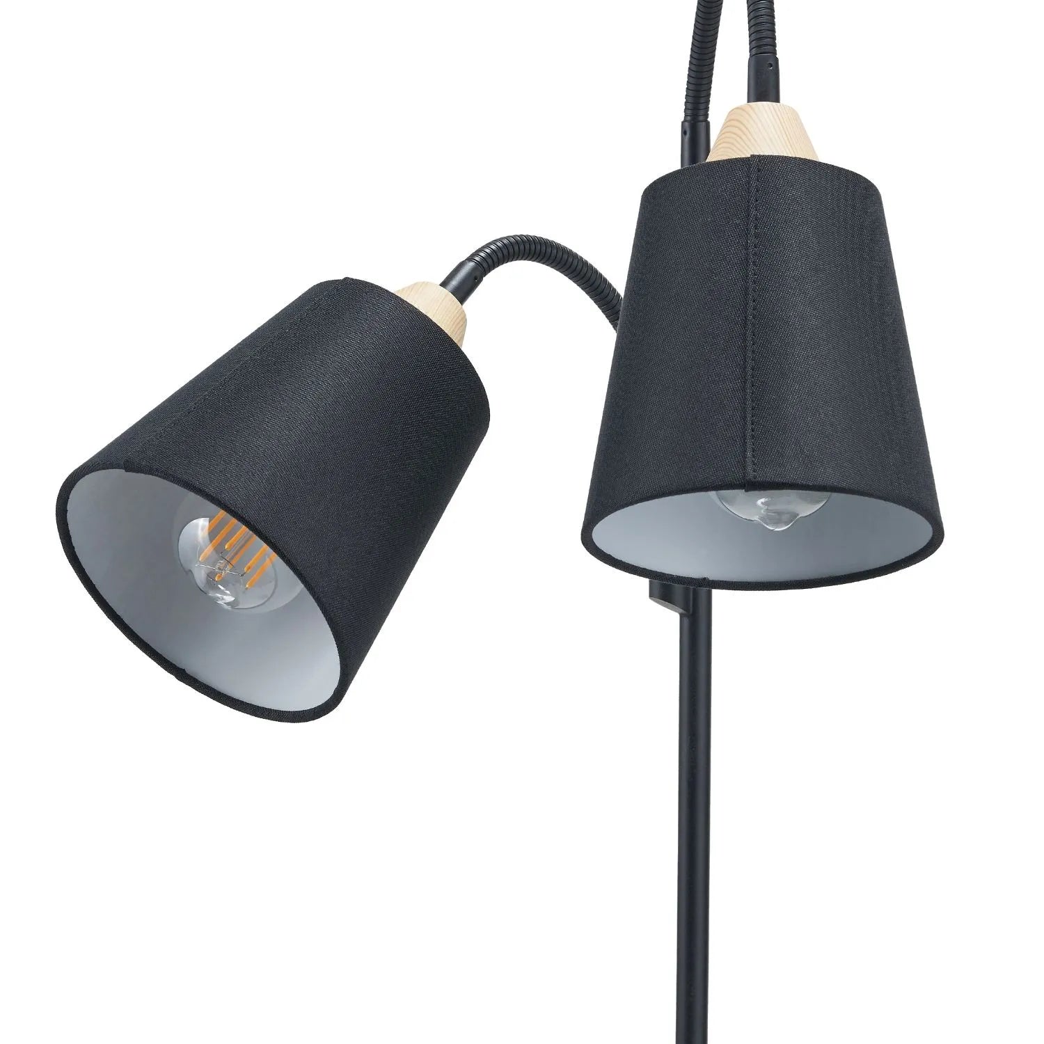 Black metal floor lamp with twin adjustable tapered linen shades and natural wood and metal base – modern double head standing light 160x56x24cm | Click Style