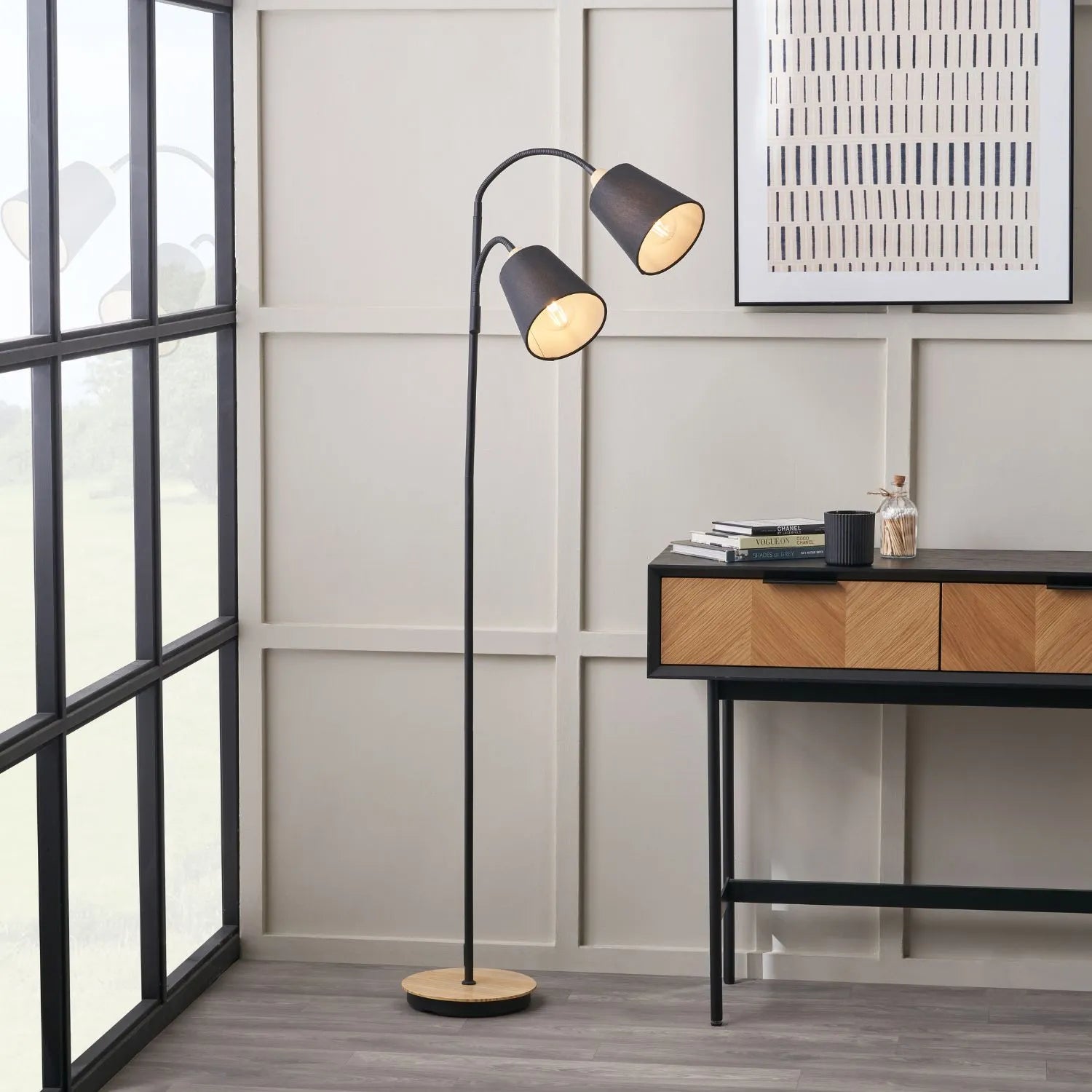 Black metal floor lamp with twin adjustable tapered linen shades and natural wood and metal base – modern double head standing light 160x56x24cm | Click Style