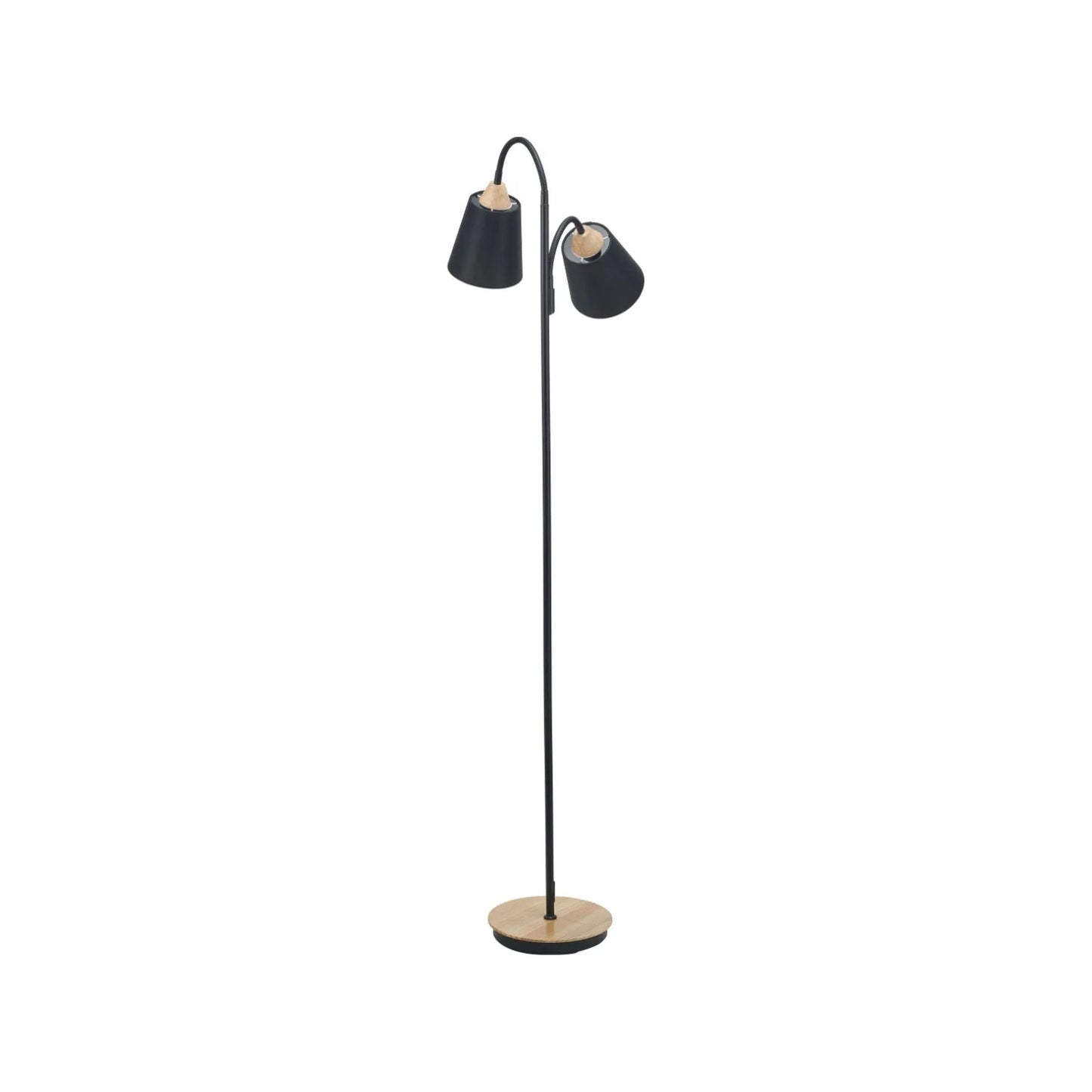 Black metal floor lamp with twin adjustable tapered linen shades and natural wood and metal base – modern double head standing light 160x56x24cm | Click Style