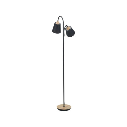 Black metal floor lamp with twin adjustable tapered linen shades and natural wood and metal base – modern double head standing light 160x56x24cm | Click Style