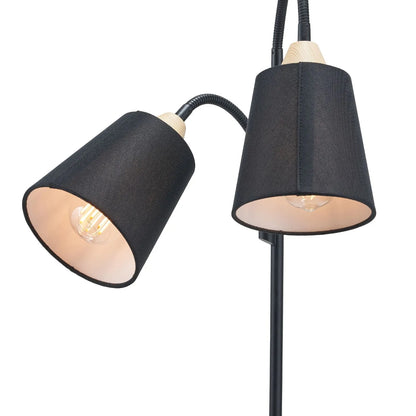 Black metal floor lamp with twin adjustable tapered linen shades and natural wood and metal base – modern double head standing light 160x56x24cm | Click Style