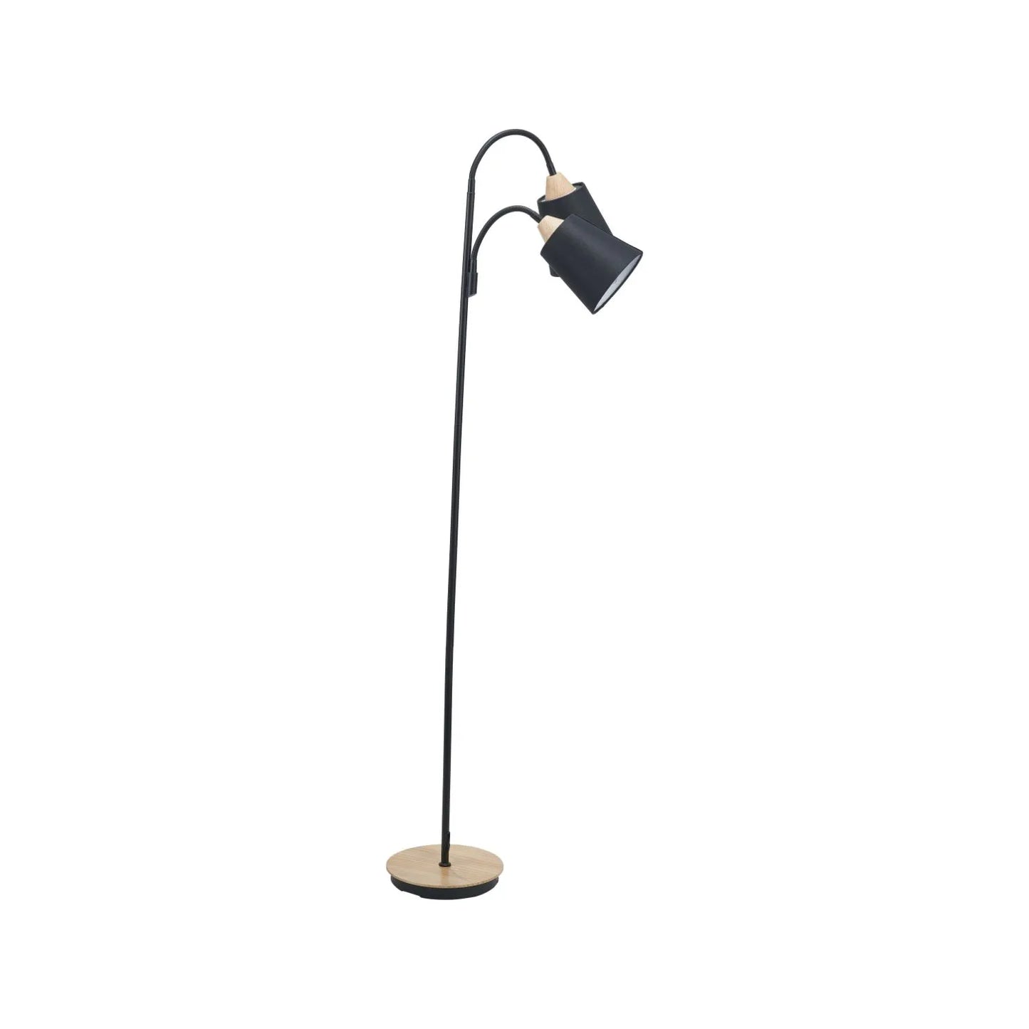 Black metal floor lamp with twin adjustable tapered linen shades and natural wood and metal base – modern double head standing light 160x56x24cm | Click Style
