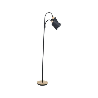 Black metal floor lamp with twin adjustable tapered linen shades and natural wood and metal base – modern double head standing light 160x56x24cm | Click Style