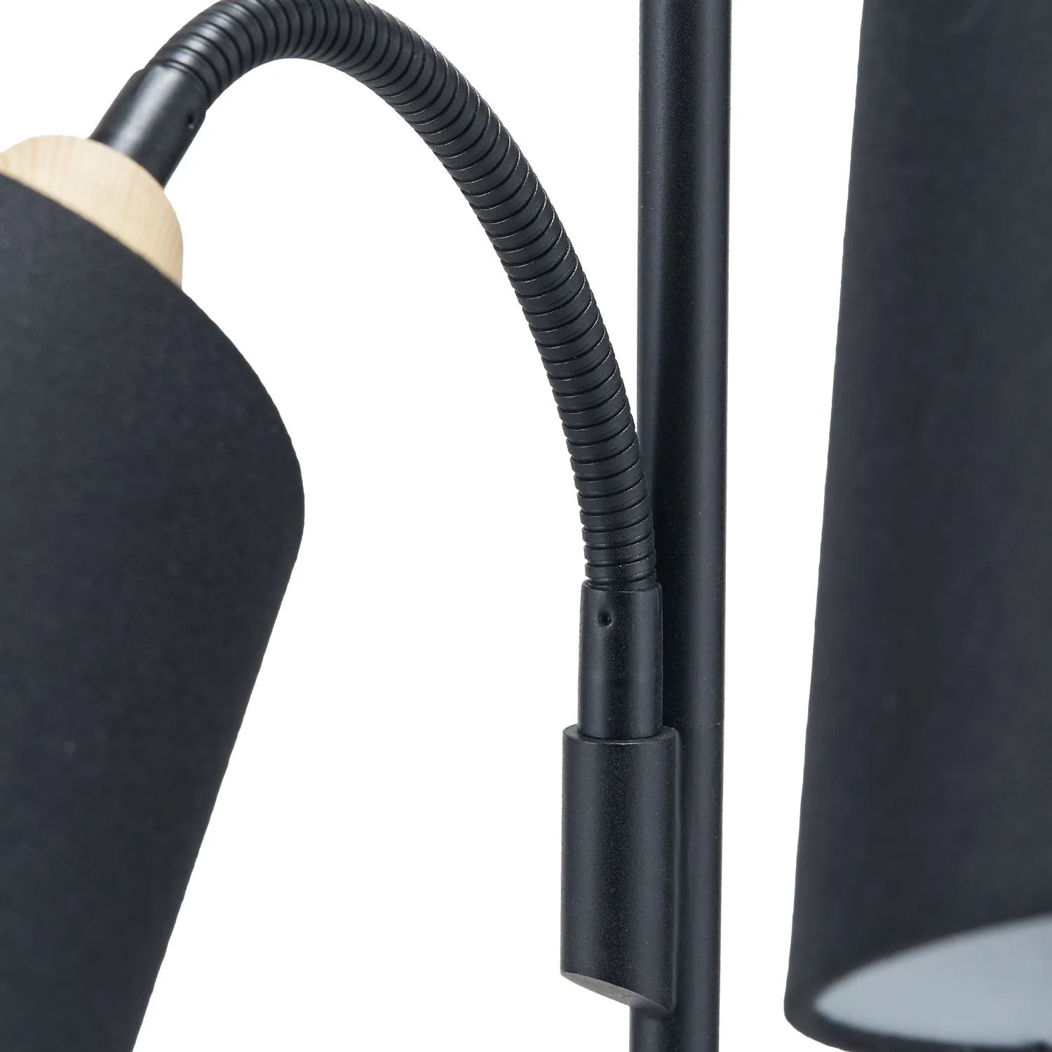 Black metal floor lamp with twin adjustable tapered linen shades and natural wood and metal base – modern double head standing light 160x56x24cm | Click Style