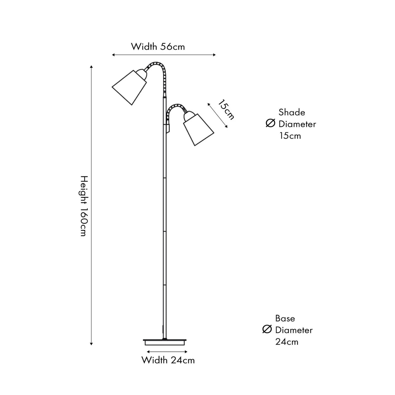 Black metal floor lamp with twin adjustable tapered linen shades and natural wood and metal base – modern double head standing light 160x56x24cm Dimensions | Click Style