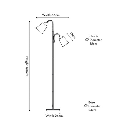 Black metal floor lamp with twin adjustable tapered linen shades and natural wood and metal base – modern double head standing light 160x56x24cm Dimensions | Click Style