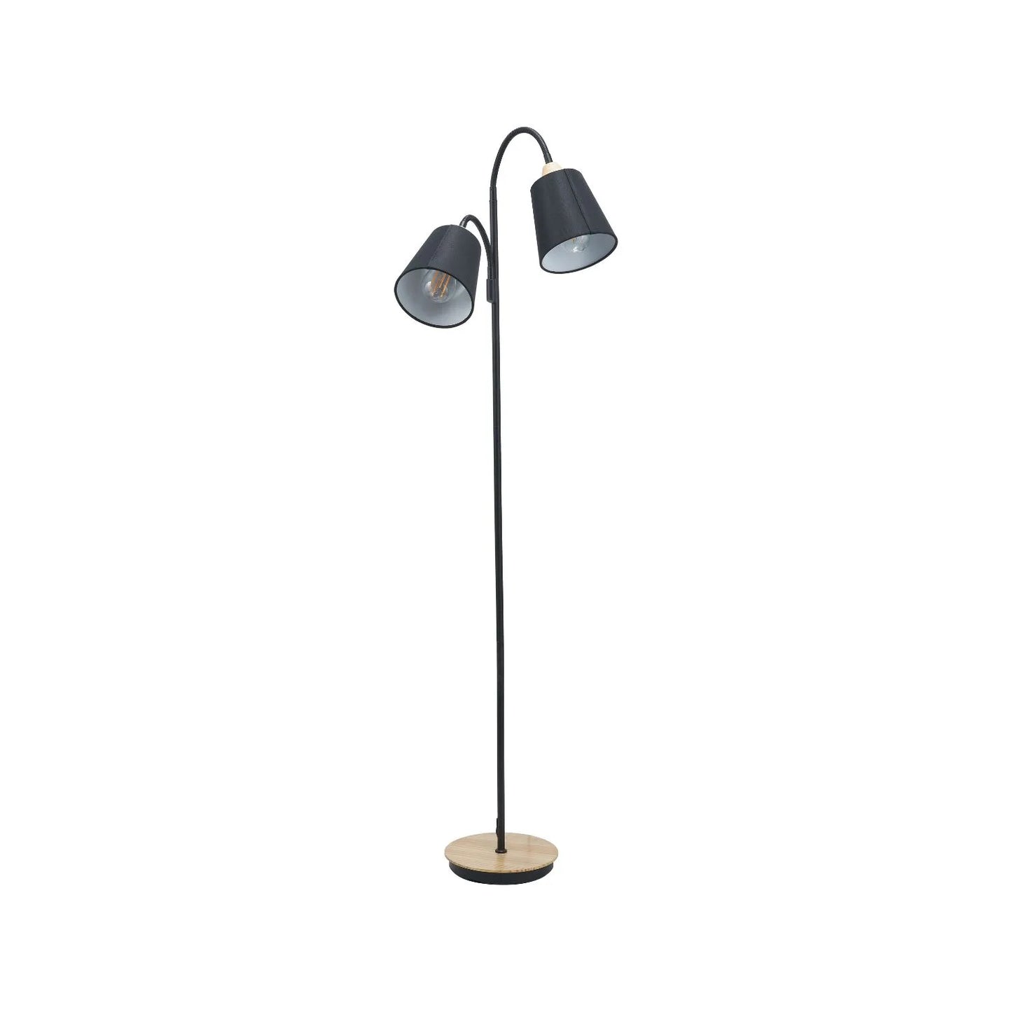 Black metal floor lamp with twin adjustable tapered linen shades and natural wood and metal base – modern double head standing light 160x56x24cm | Click Style